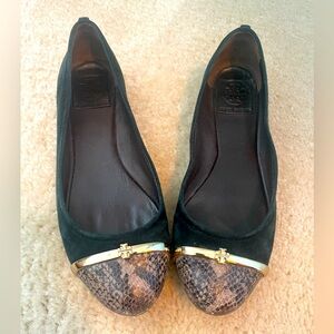 Tory Burch Womens Suede Snakeskin Cap Toe Slip On Ballet Flats Green Size 8